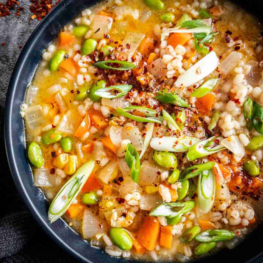 Vegan Barley Soup With Chili Garlic Drizzle
