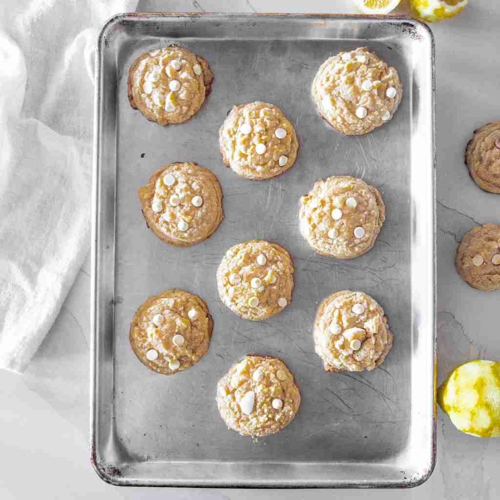 Lemon and White Chocolate Cookies on baking sheet