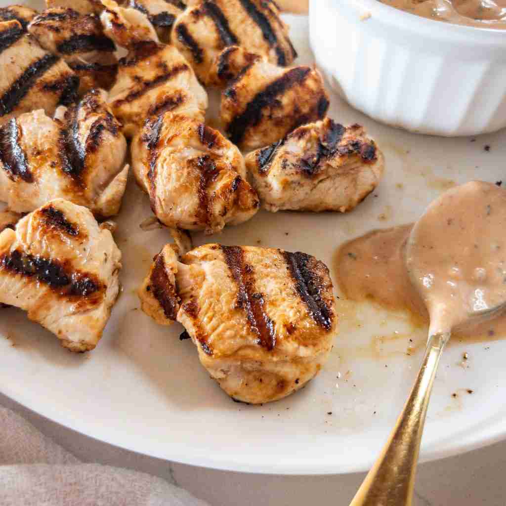 Grilled Chicken Nuggets with Honey BBQ Ranch Dip