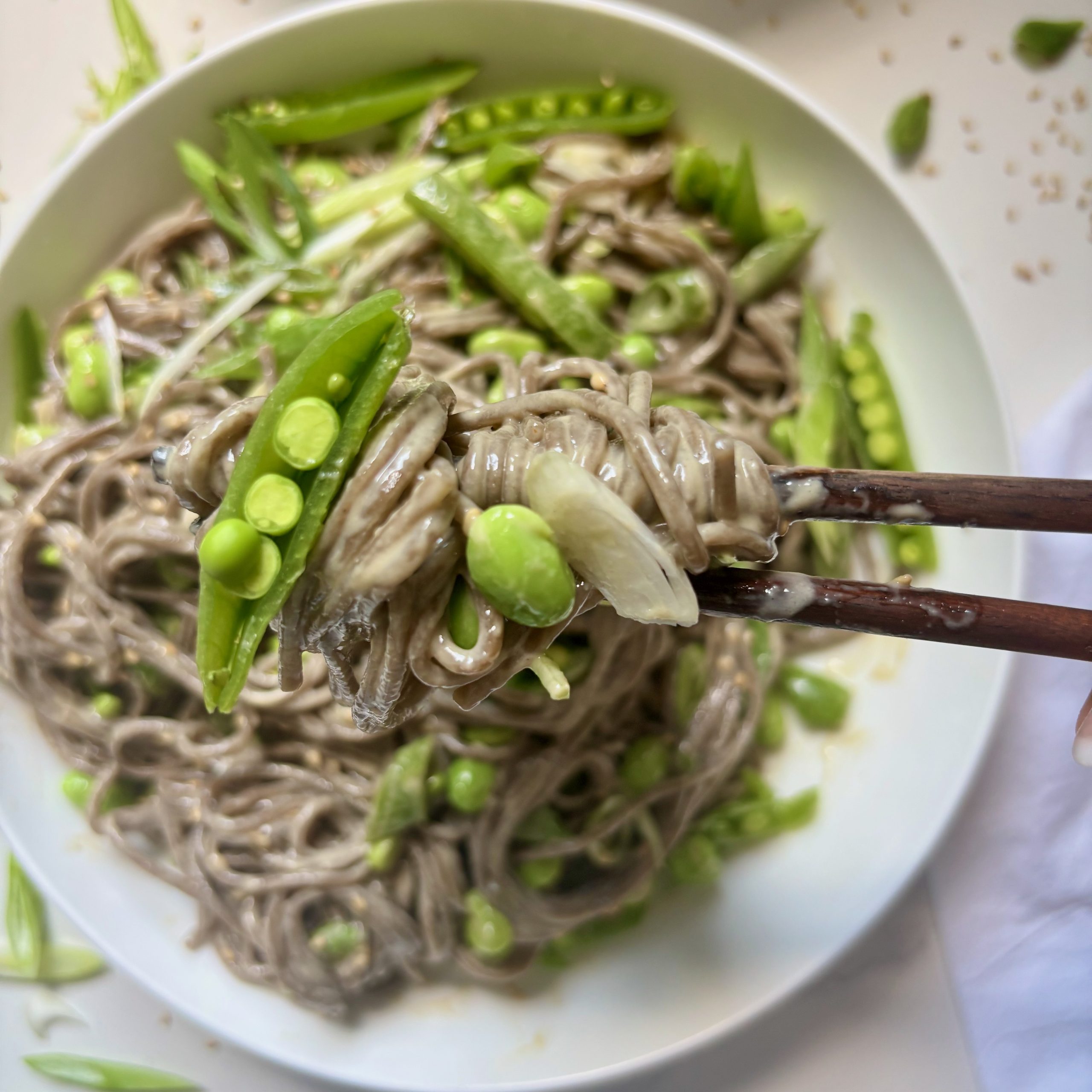 Cold Soba Noodles with Edamame close up on chopsticks