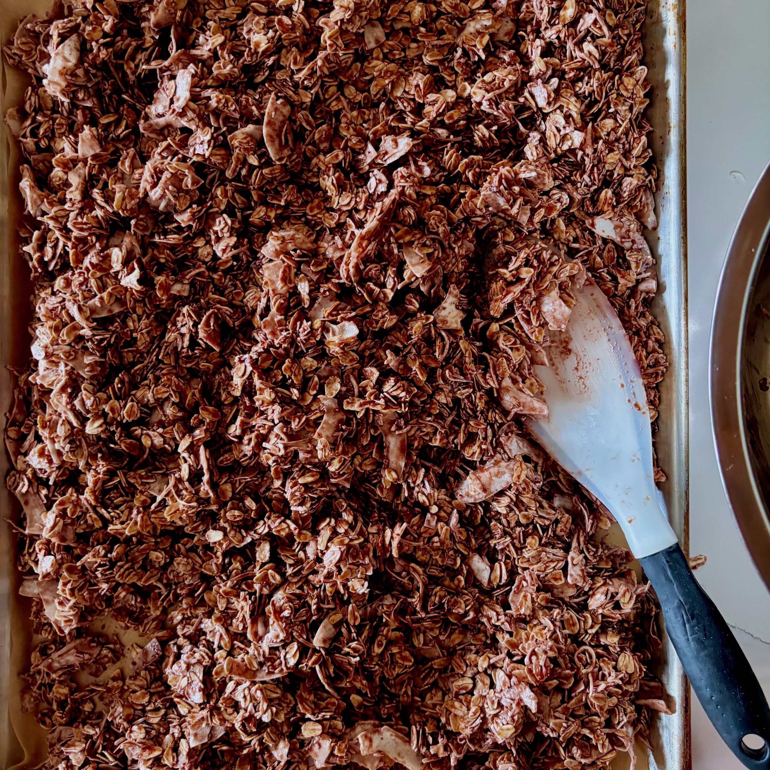 Dark Chocolate Granola right out of the oven