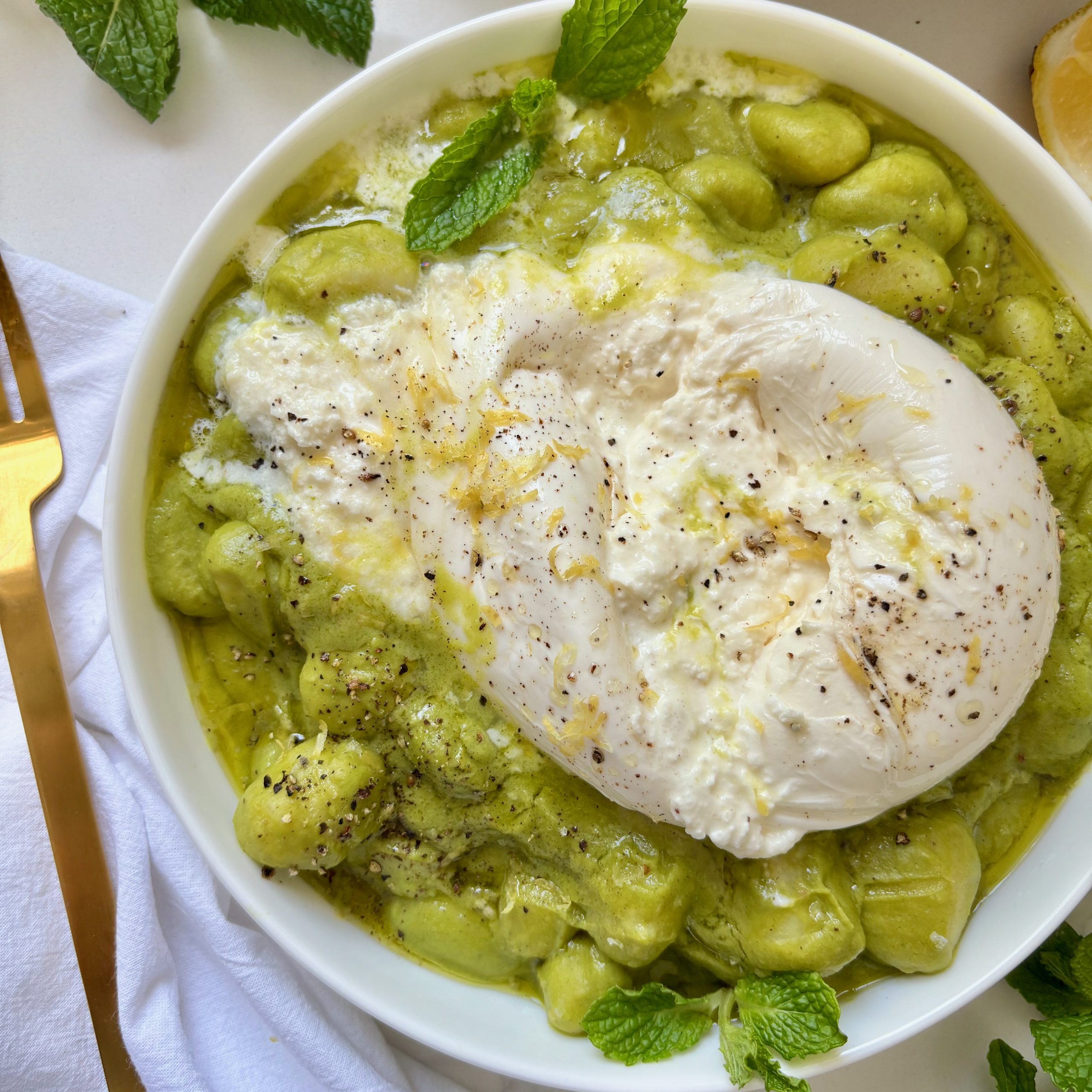 Green Pea Gnocchi with Burrata