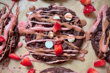 Strawberry Chocolate Cookies with Freeze Dried Strawberry drizzle