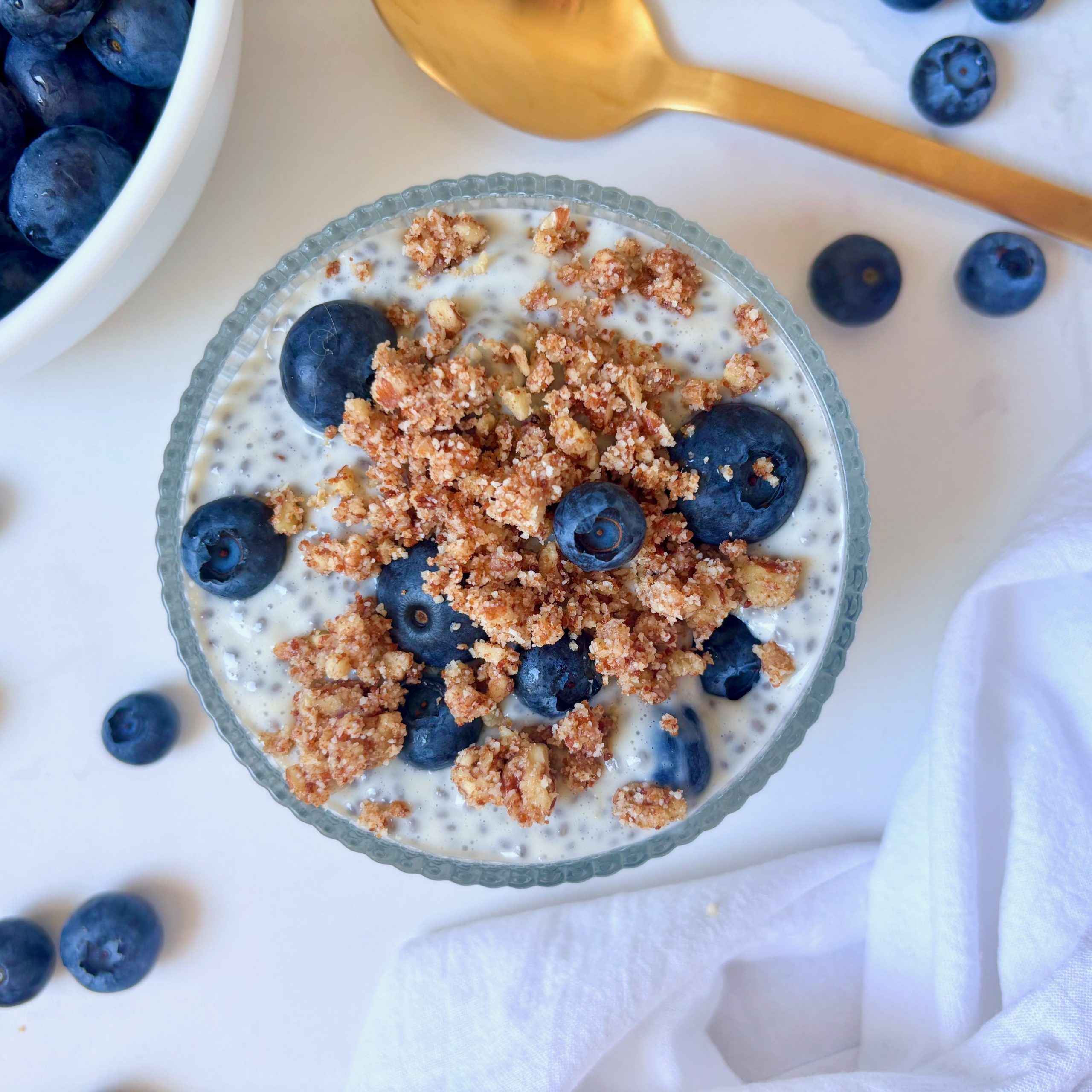Overhead shot of chia pudding bowl with fresh blueberries and lemon zest
