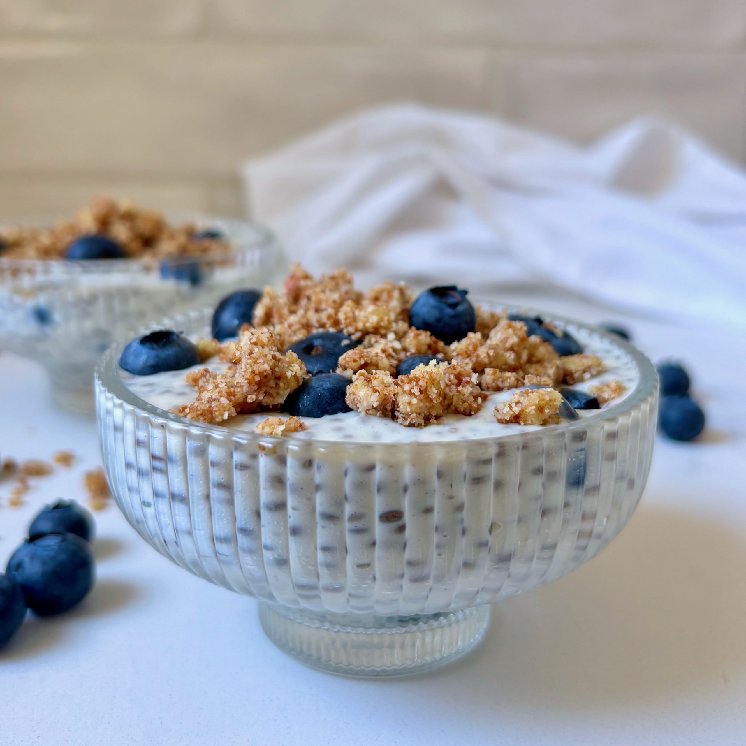 Close-up of blueberry chia pudding made with cottage cheese and maple syrup
