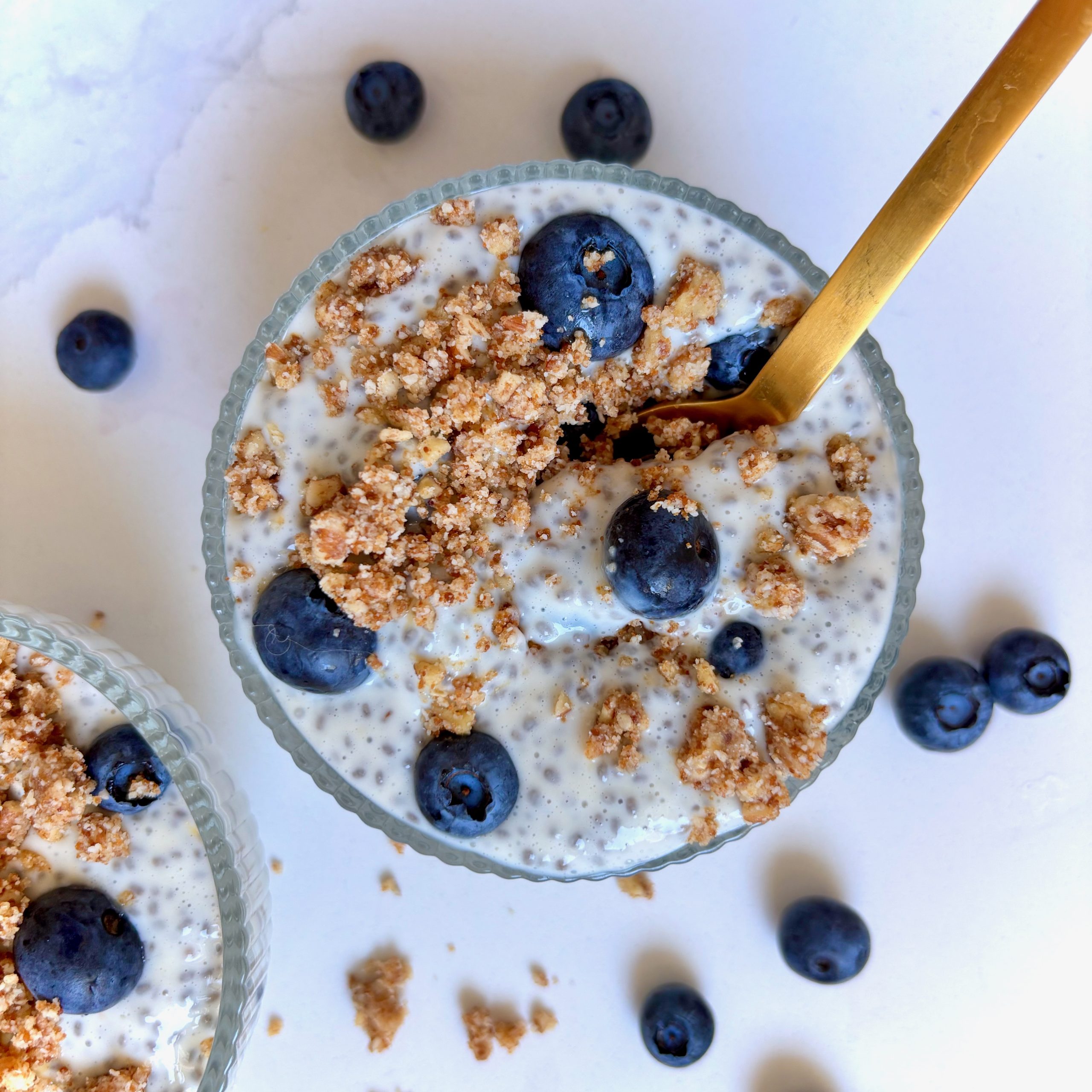 Blueberry Cheesecake Chia Pudding in a glass bowl topped with pecan crumble and fresh blueberries
