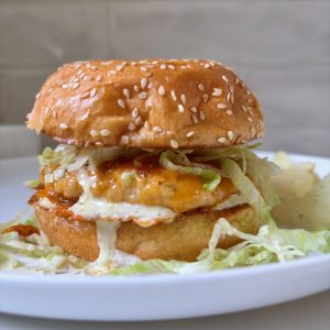 Double Cheddar Turkey Burgers with Pickley Sauce