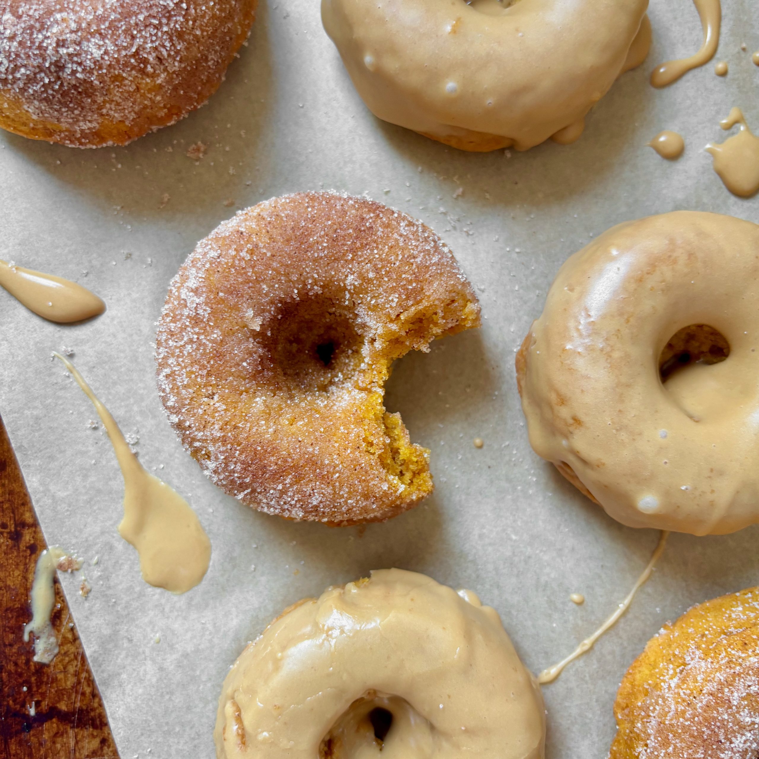 Espresso glazed and Sugar coated baked pumpkin spice latte donuts