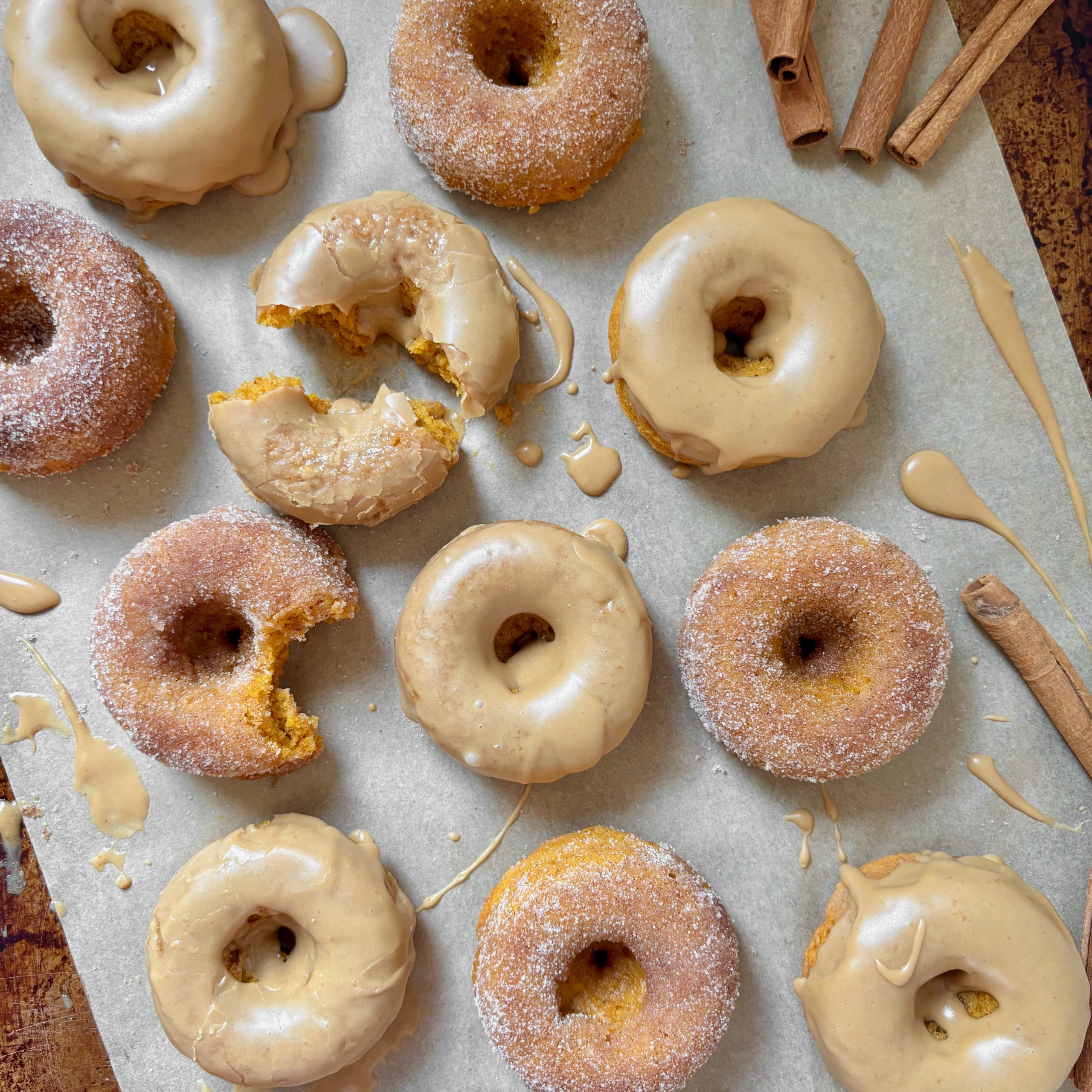 Baked Pumpkin Spice Latte Donuts with espresso cinnamon sugar and espresso glaze