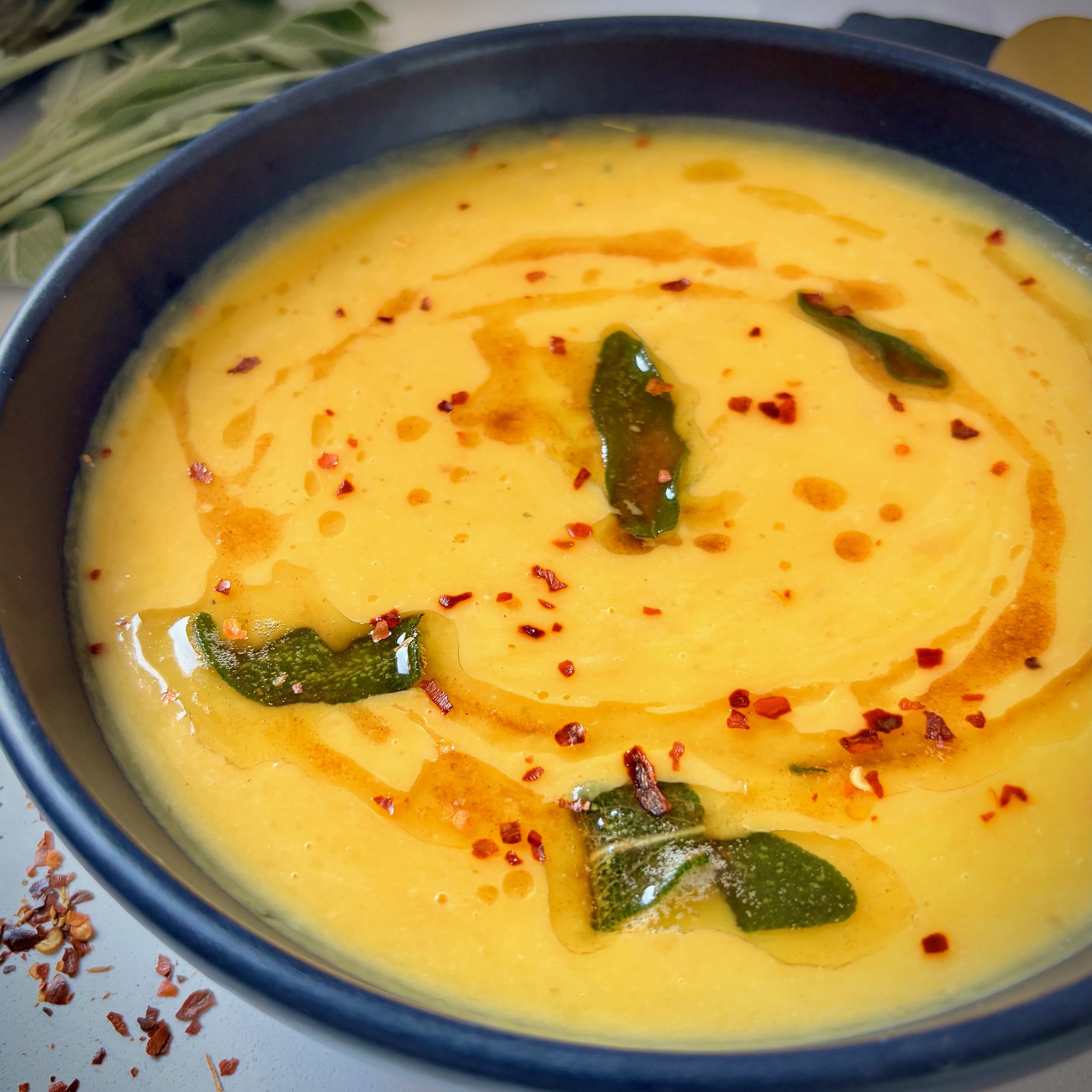 Close up of sheet pan butternut squash soup