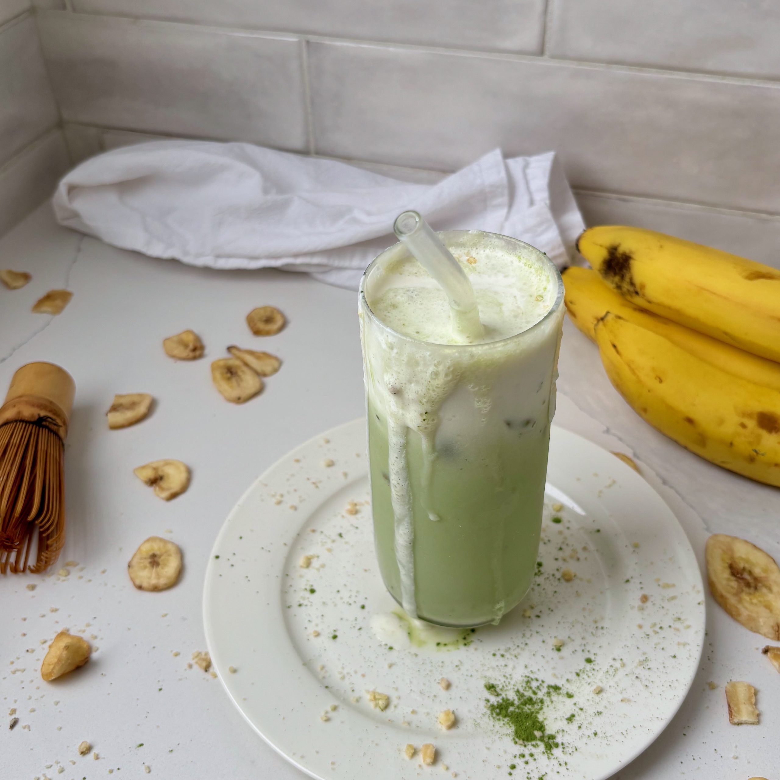Overhead shot of Banana Cream Matcha Latte