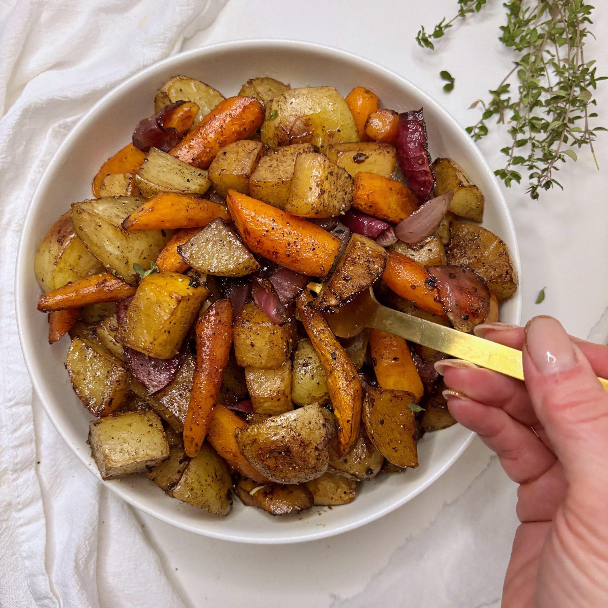 Balsamic Roasted Fall Vegetables on fork