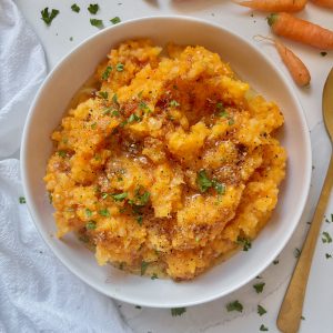 Garlic Brown Butter Mashed Carrots and Rutabaga