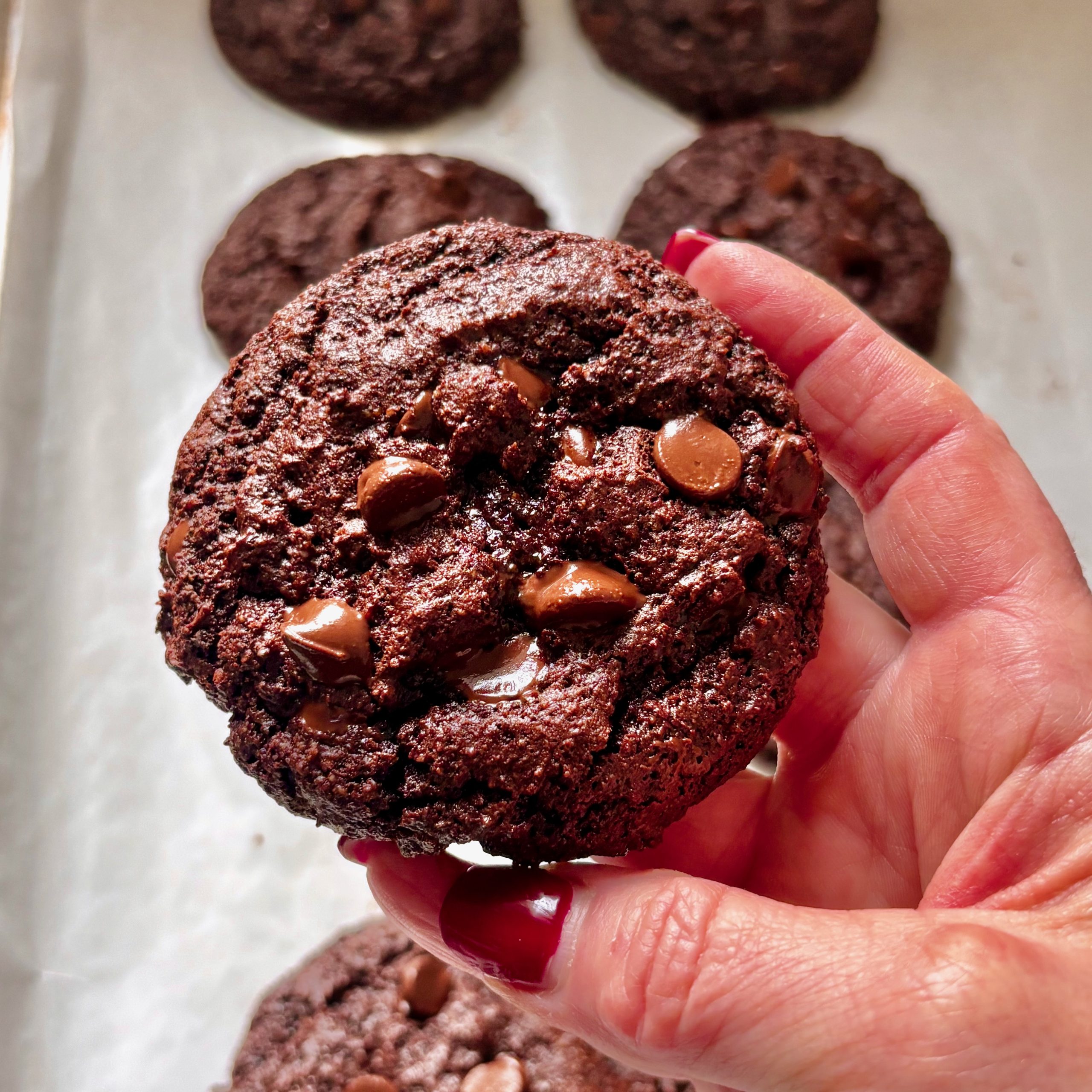 Close-up of rich almond flour cocoa cookies with melted chocolate chips