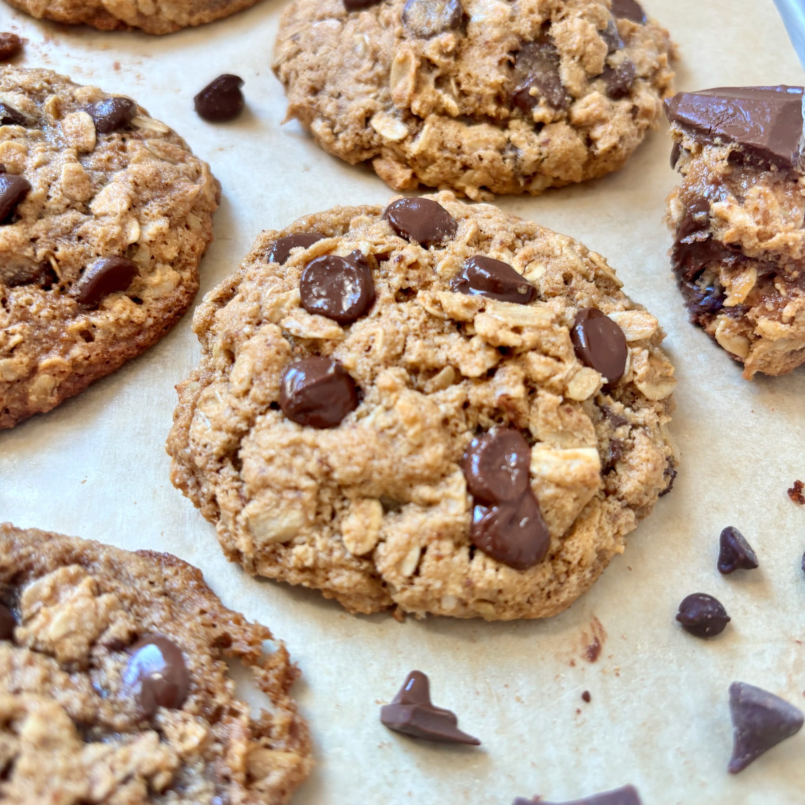 Freshly baked oatmeal almond flour cookies with chocolate chips
