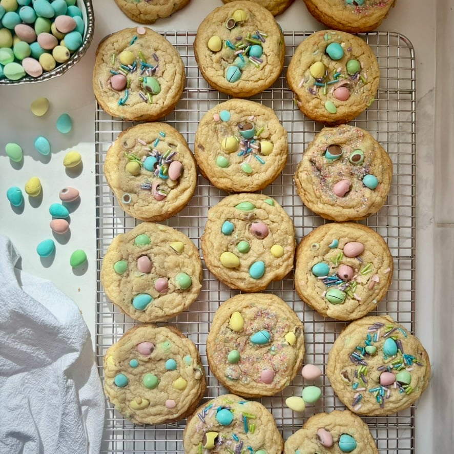 Soft and chewy mini egg cookies with crispy edges and chocolate candy pieces