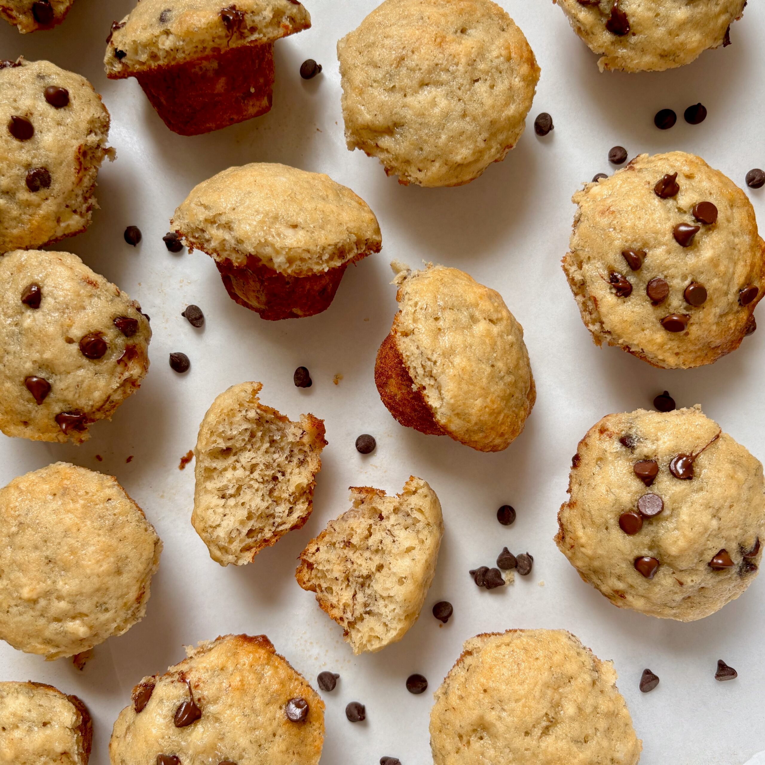 overhead texture shot of mini banana bread muffins