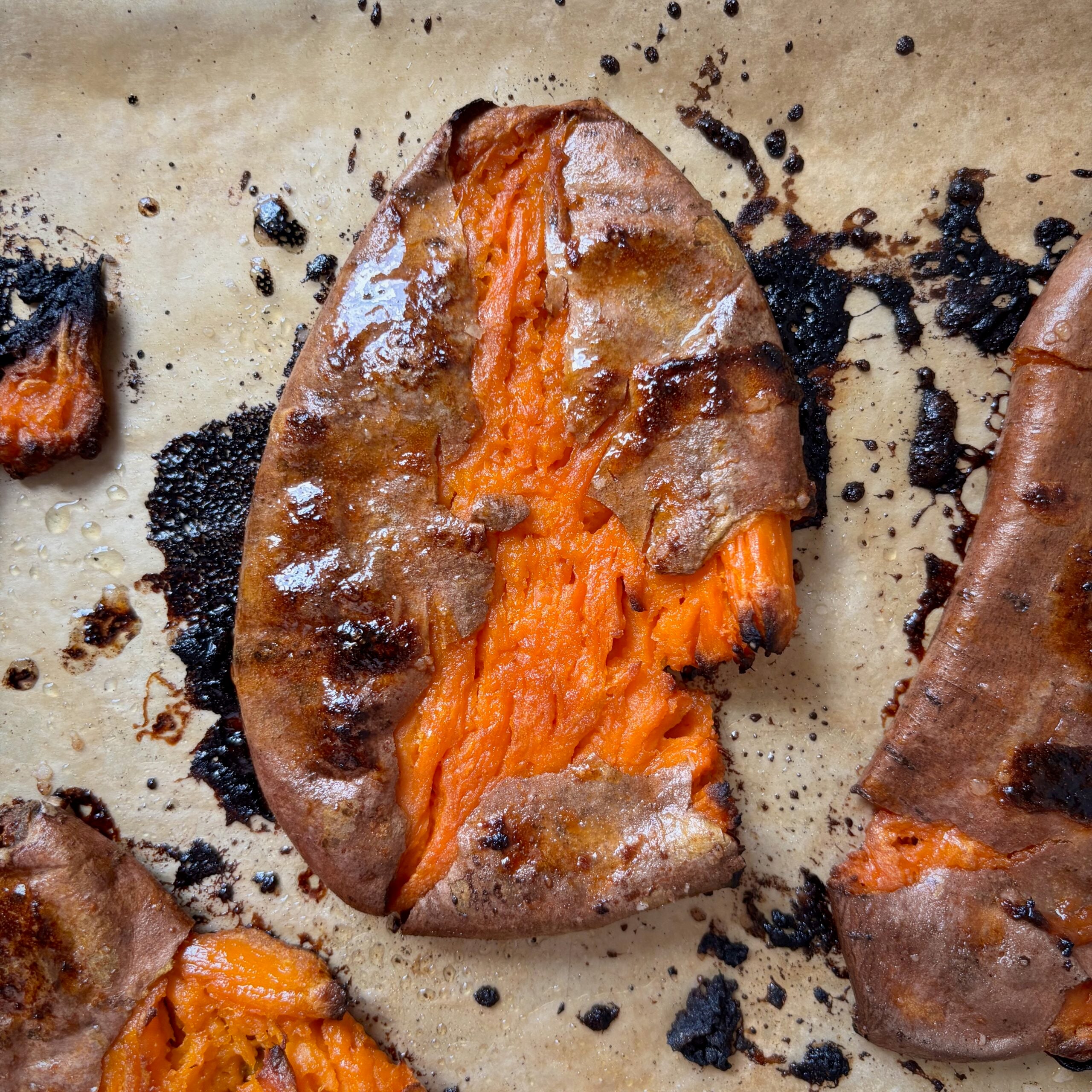 Golden crisp honey butter smashed sweet potato on sheet pan