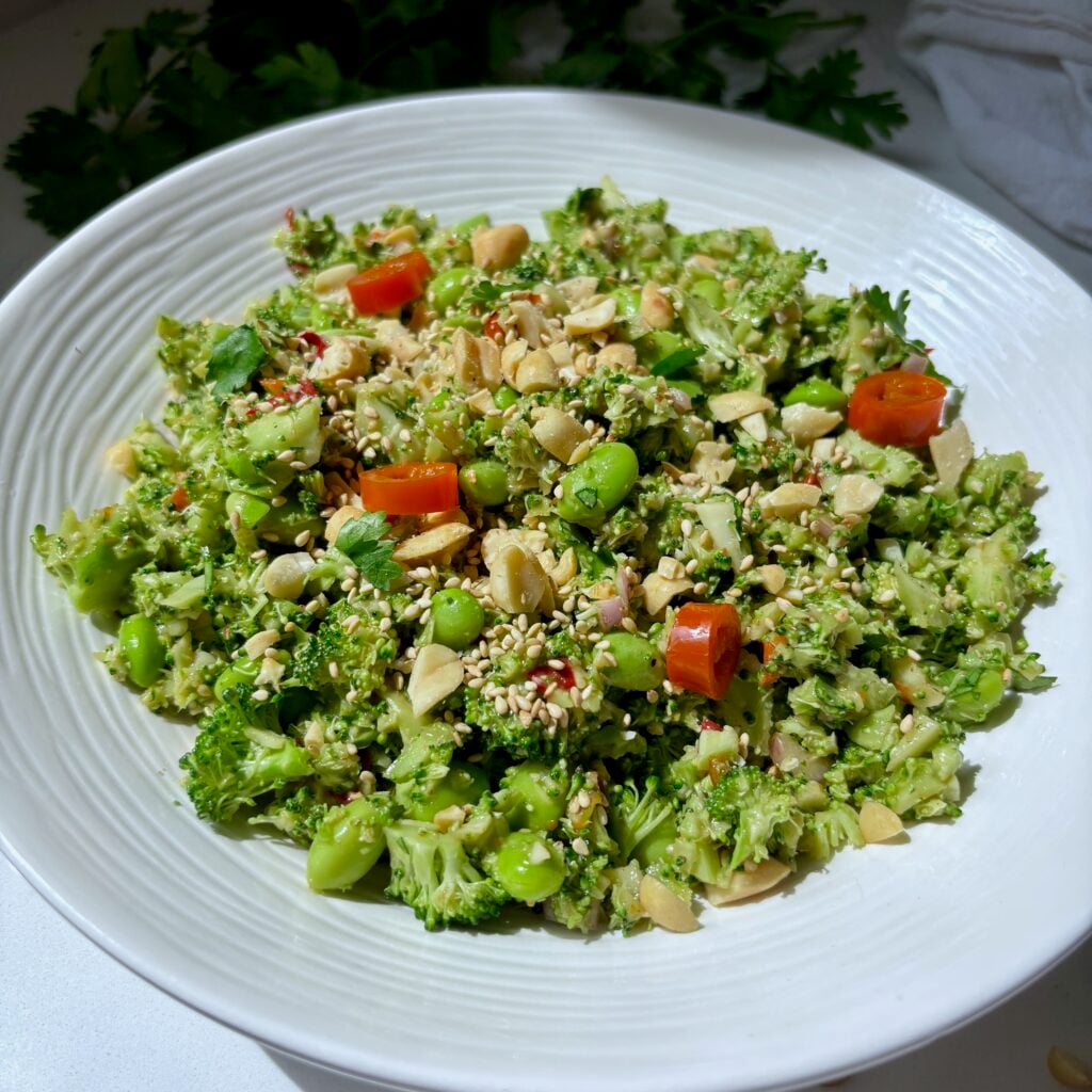 Homemade broccoli salad made with finely chopped broccoli and miso dressing.