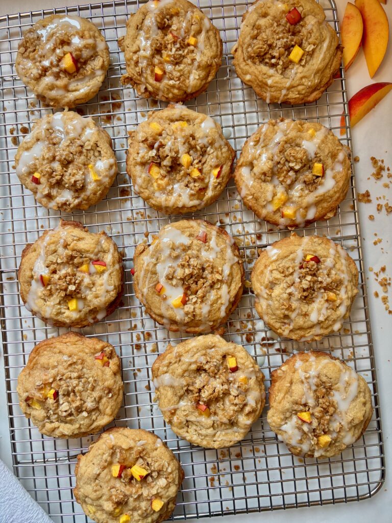 Homemade peach crisp cookies cooling on a baking rack