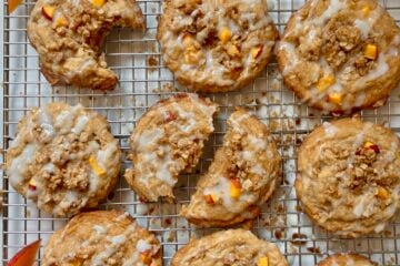 Fresh Peach Crisp Cookies with diced peaches, oat crumble topping and drizzle