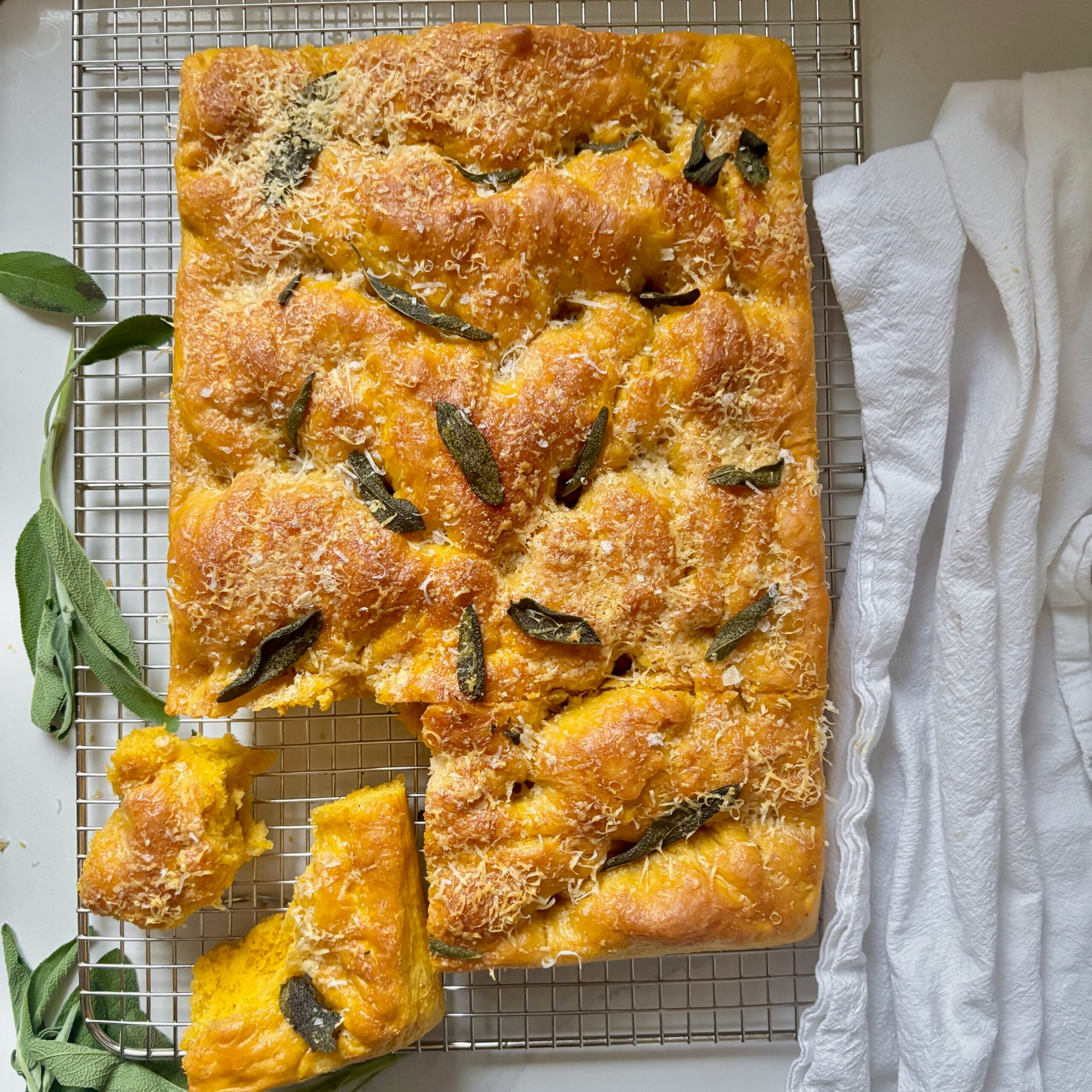 Golden pumpkin focaccia topped with crispy sage leaves and melted Parmesan