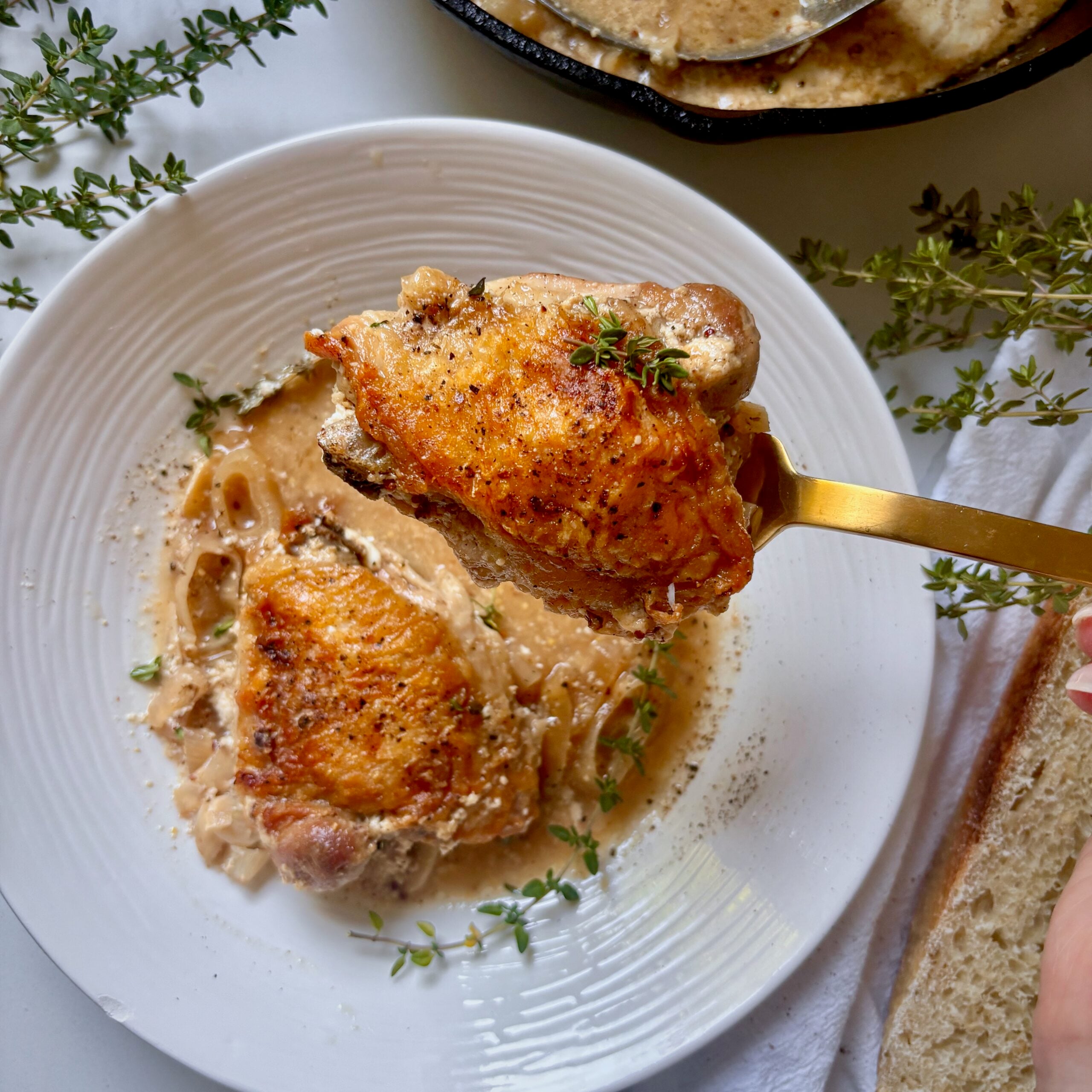 One-pan chicken thighs with shallots, garlic, thyme and tangy buttermilk sauce