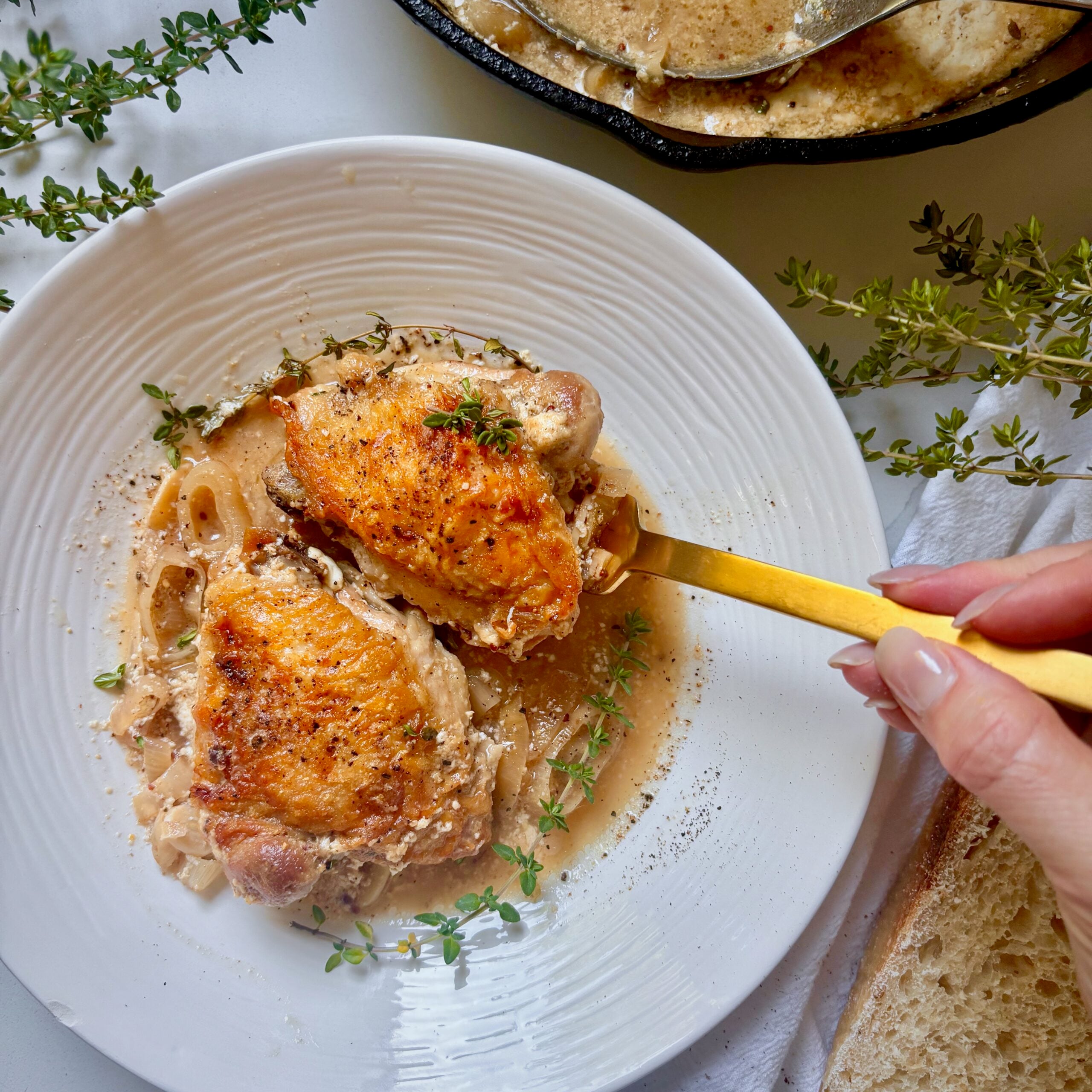 Crispy braised chicken thighs with shallots, garlic, thyme and buttermilk sauce