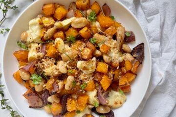 Sheet Pan Butternut Squash, Halloumi & Butter Beans with White Balsamic Hot Honey