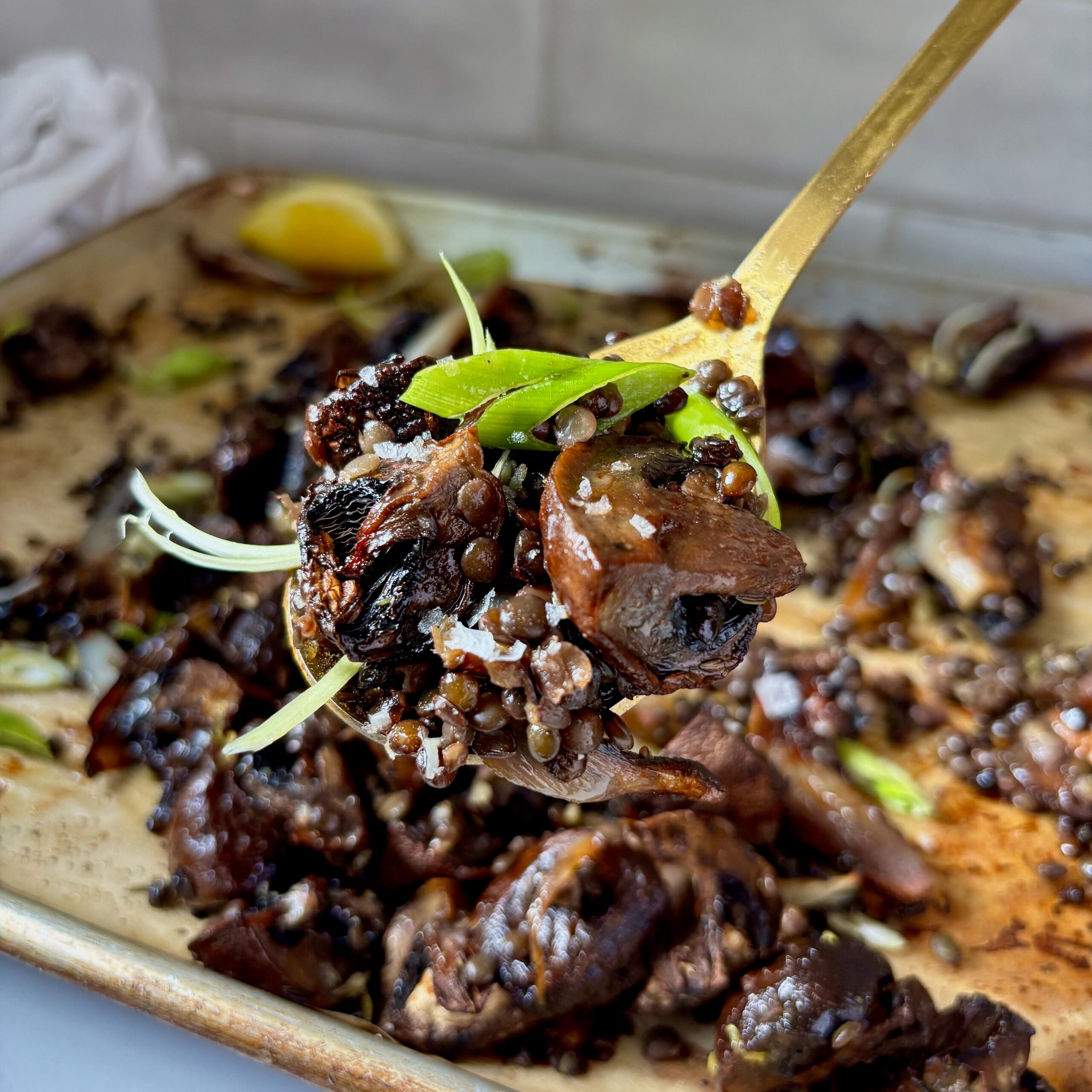 Roasted mushroom and lentil dinner finished with garlic miso butter, lemon juice and freshly ground black pepper.
