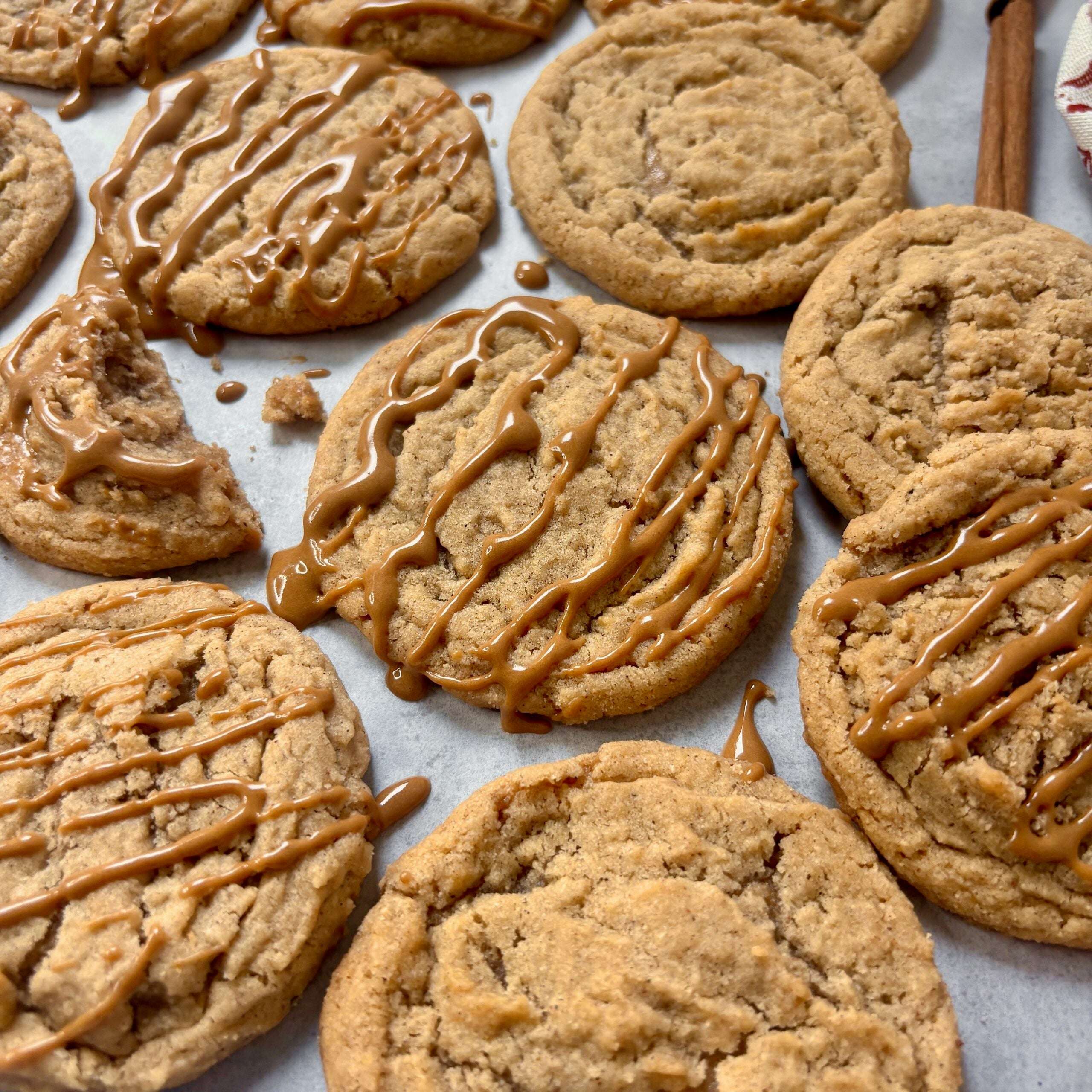 Close-up of soft dirty chai cookies drizzled with espresso glaze