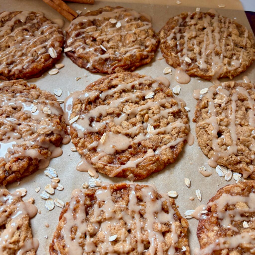 Homemade brown butter maple oatmeal cookies on a tray